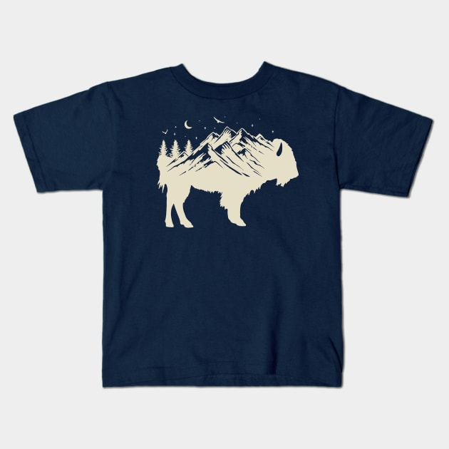 Buffalo Silhouette - Retro Bison Mountain - Buffalo Lover Kids T-Shirt by OrangeMonkeyArt